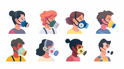 Different people wearing face masks isolated on white background Man and women in respirators Protection from coronavirus outbreak, pandemic prevention Vector illustration in flat cartoon style