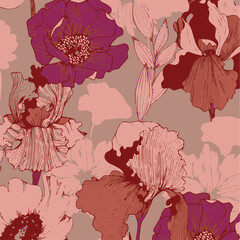 Big flowers pattern, upscale floral pattern. graphical textures floral, trendy colors pattern , flowers background with leaves. vector illustration.