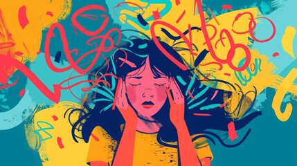 Frustrated woman with nervous problem feel anxiety and confusion of thoughts vector flat illustration Mental disorder and chaos in consciousness Girl with anxiety touch head surrounded by think