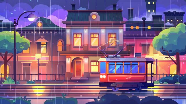 An animated parallax background tram rides down a retro street on a rainy day. With 2D cityscapes and vintage buildings, town under rain, and separated layers for playability, this is a modern