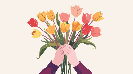 Female hands with bouquet of beautiful tulips on whit
