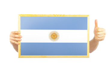 Hands holding a frame with Argentina flag, celebration or victory concept, two hands and thumb 