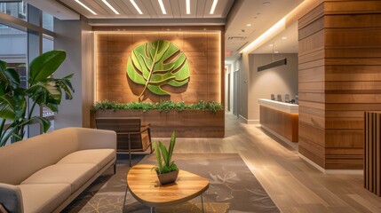The company logo featuring a leafinspired design displayed prominently throughout the office symbolizing the connection to nature in the brands values..