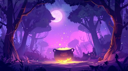 In a dark forest with witch cauldron, silhouetted trees, a purple moon and purple light, a gold cooking boiler holds magic potion. Modern illustration with cauldron in wood.