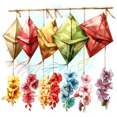 watercolor Colorful kites and flowers.