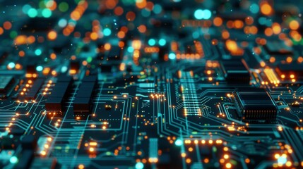 Photo of electronic components and circuits on a motherboard.