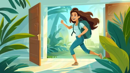 A modern banner of vacation and vacation concept with an illustration of a girl hurrying to open the door in a hallway of a house.