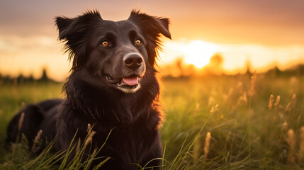 Portrait of black mutt dog during sunset on meadow