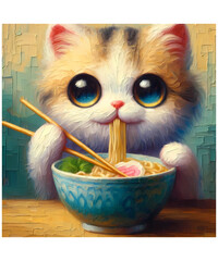 Ramen Cat Kawaii Anime Cat Ramen Lover Oil Painting AI generated	