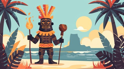 Island banner with black man with tiki mask on sea beach. Modern illustration of traditional tribal culture with cartoon illustration of man with polynesian or Hawaiian totem mask and torch.