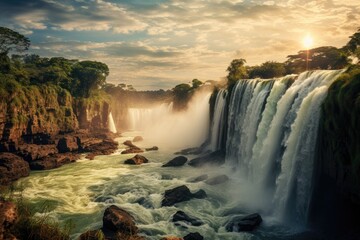 Paraguay landscape. Beautiful waterfall scene with river flowing between two cliffs. Cloudy sky on sunset. Generative ai.