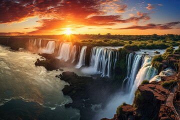 Paraguay landscape. Beautiful waterfall scene with flowing river. Cloudy sky on sunset. Generative ai.
