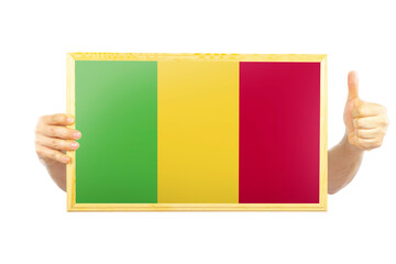 Hands holding a frame with Mali flag, celebration or victory concept, two hands and thumb 