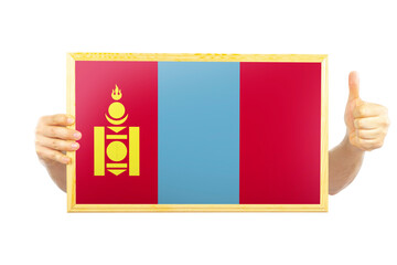 Hands holding a frame with Mongolia flag, two hands and thumb up, approvement or success in 