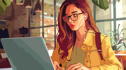 Female travel blogger with laptop in cafe closeup Vector