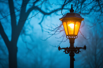 The radiant glow of a street lamp on a misty evening