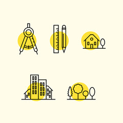 Set of flat architectural icons in linear outline design. Architecture symbols and drawing utilities.