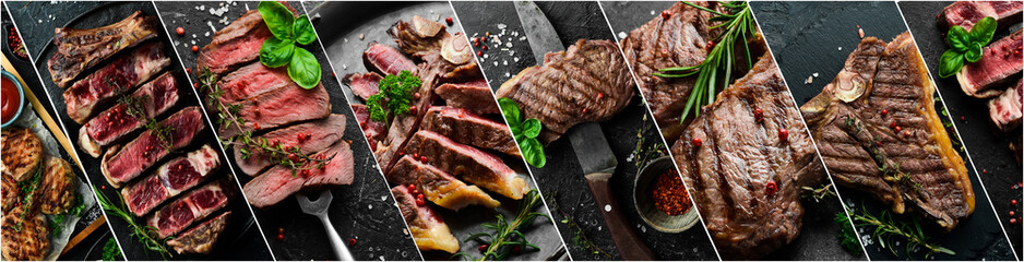Photo collage. Veal steaks, meat, shish kebab, kebab, grilled sausages and sauces. BBQ Beef veal...