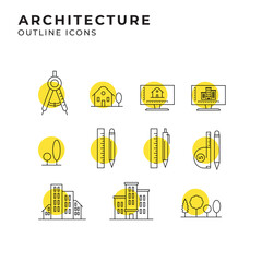 Set of flat architectural and construction icons in linear outline design. Architecture symbols and drawing utilities.