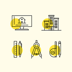 Set of flat architectural icons in linear outline design. Architecture symbols and drawing utilities.