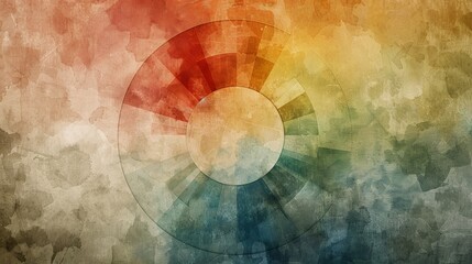 Simplistic watercolor backdrop with a subtly textured wooden color wheel, abstract color fields surrounding it in soft, blending strokes