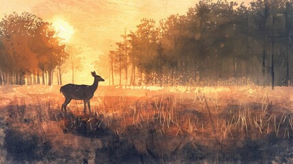 Simplistic watercolor of a young deer in a field at sunset, the fading light casting long shadows and creating a peaceful mood