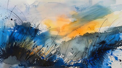 Watercolor abstract interpretation of a sunset over a hilly countryside, featuring dynamic blue splashes and black outlines of wild grass and a village - obrazy, fototapety, plakaty