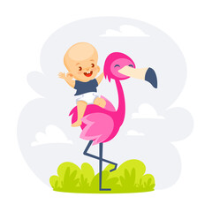 Illustration of a human baby sitting astride a flamingo in a cute cartoon style.