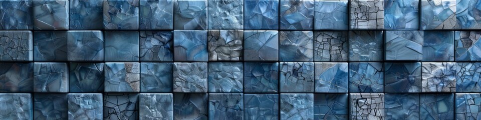 A wall covered in blue tiles with a repetitive, geometric pattern creating a visually striking design. Background. Wallpaper. Banner.
