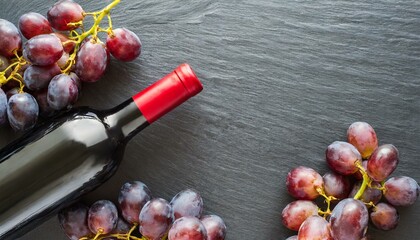 Weinflasche liegend und rote Trauben auf Schiefer, draufsicht 