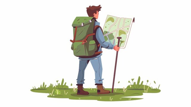 recommend clip art: An isolated tourist, extreme trekking or hiking sport, modern illustration, trekking or hiking with backpack rear view. Cartoon man holding map and staff with camera.