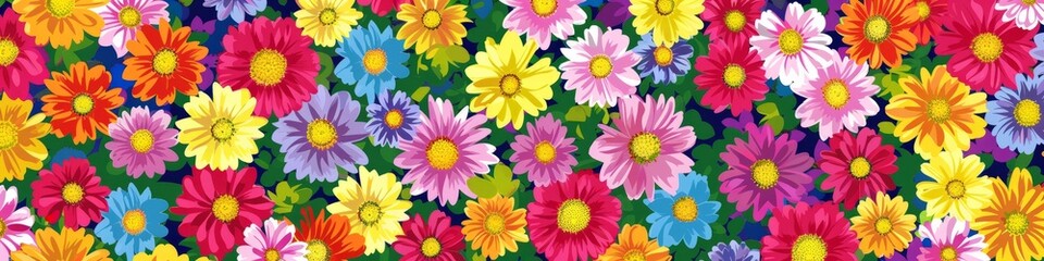 Vibrant multicolored flower pattern on a dark black background, creating a striking visual contrast. Background. Wallpaper. Banner.