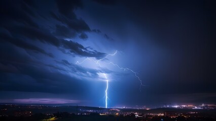 Urban night photography capturing lightning strikes in stormy weather due to climate change. Concept Urban Night Photography, Lightning Strikes, Stormy Weather, Climate Change, Atmospheric Effects