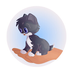Cute cartoon kitten sitting on the hand. Concept of love and care.
