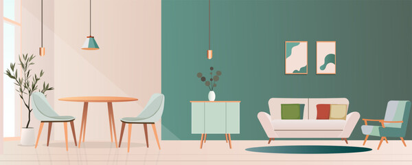 Beautiful apartment. Vector illustration Interior of a studio apartment, hotel room or living room with a dining table, chairs, armchair, sofa, paintings, chest of drawers, potted plants and lamps.
