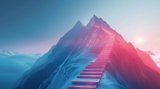 Goal to success for level up with pathway line or step route to mountain peak.&nbsp;human performance limit concepts.&nbsp;growth mindset and motivation