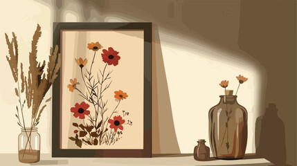 Frame with dried pressed flowers on table in room Vector