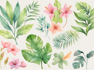 Watercolor painting of colorful tropical leaves and flowers on a white background. large green surface of leaves