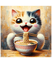 Ramen Cat Kawaii Anime Cat Ramen Lover Oil Painting AI generated	