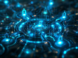 Obraz premium Cybersecurity quantum encryption, digital locks and keys in a network, ultrasecure environment