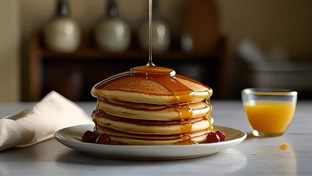 stack of pancakes pouring with syrup
