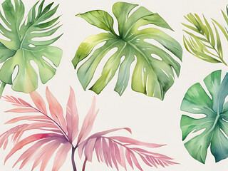 Watercolor painting, tropical leaves Bright colors and bright textures feel rich. on a white background