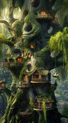 Fototapeta premium Whimsical Treehouse Village Nestled in Lush Trees
