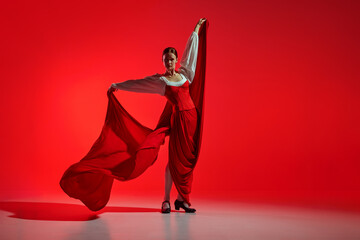 Beautiful woman, performing flamenco with grace, dynamic movements reflecting fiery heart of...