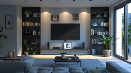 Interior of modern living room with tv and bookshelf 