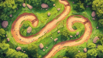 A cartoon modern illustration showing a road at its top, with a path under construction and asphalted or dirt parts and barriers. A trail of green grass and rocks surrounds it, with a path on the