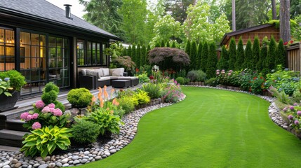 A backyard oasis: lush landscaping, a spacious patio, and a tranquil water feature create a perfect outdoor living space.