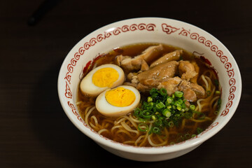 Ramen with soy sauce based soup.