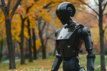 Naklejka premium a black humanoid robot stays outside with nature on a sunny day