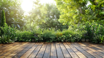 Wooden deck with potted plants and blurred garden background.